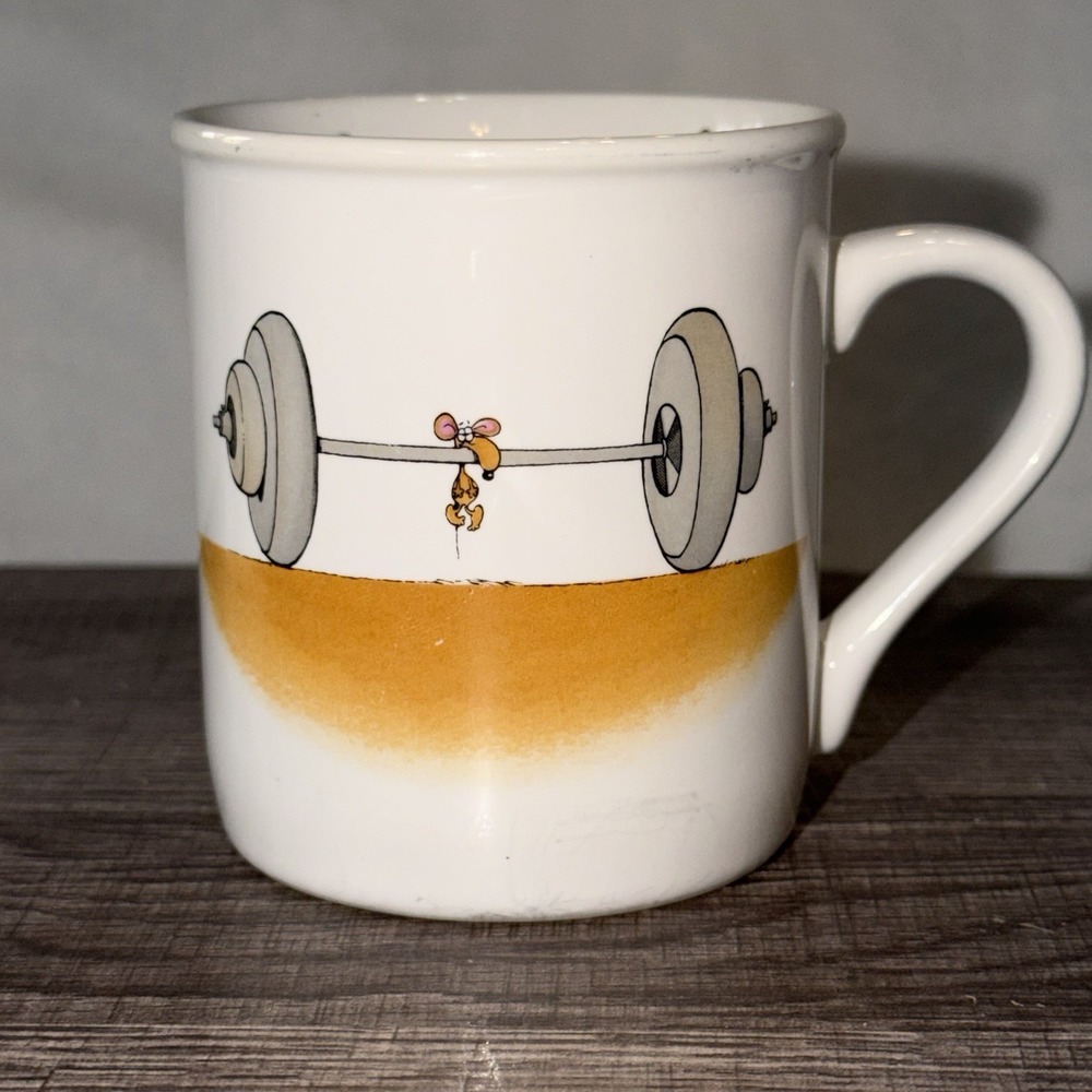 Hallmark Rim Shots 1985 Give Me Strength! Mouse Coffee Cup Mug Weightlifting VTG